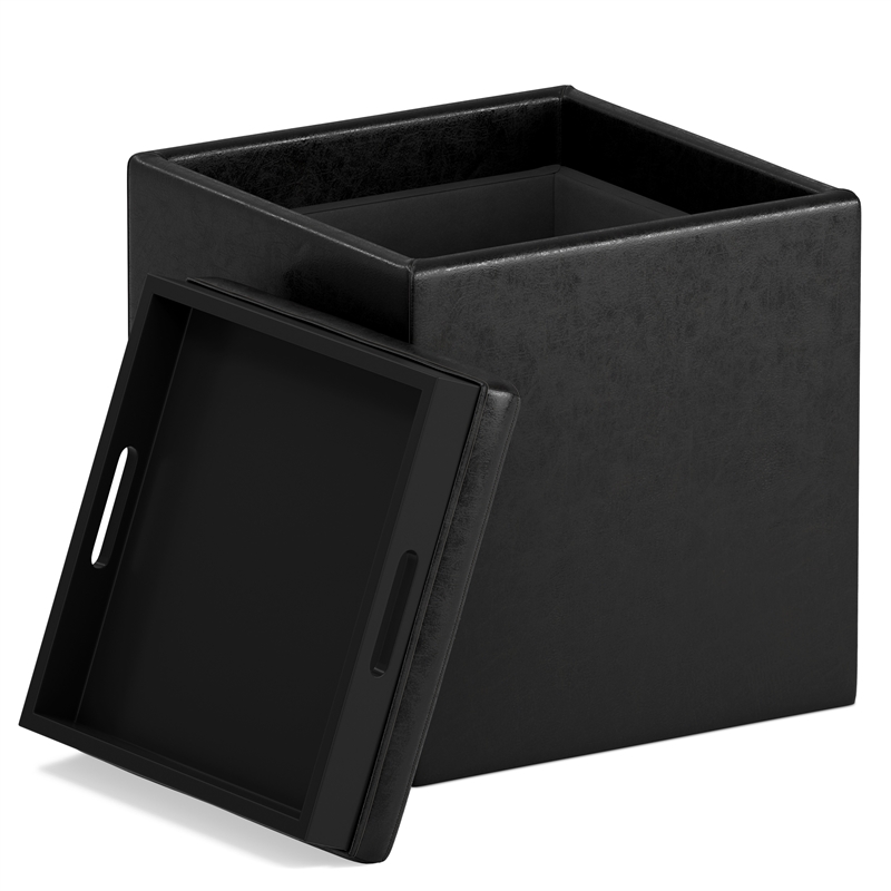 Simpli Home Rockwood Faux Air Leather Cube Storage Ottoman in Black