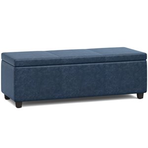 Simpli Home Avalon 48&quot Contemporary Faux Leather Storage Bench in Denim Blue