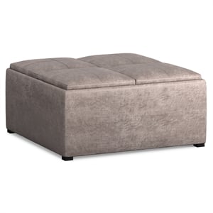 Simpli Home Avalon 35&quot Square Faux Leather Storage Coffee Table Ottoman in Gray