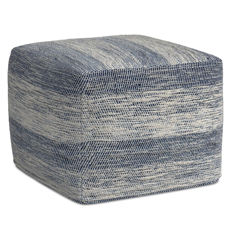 Simpli Home Clay Boho Square Pouf in Patterened Teal Melange Cotton