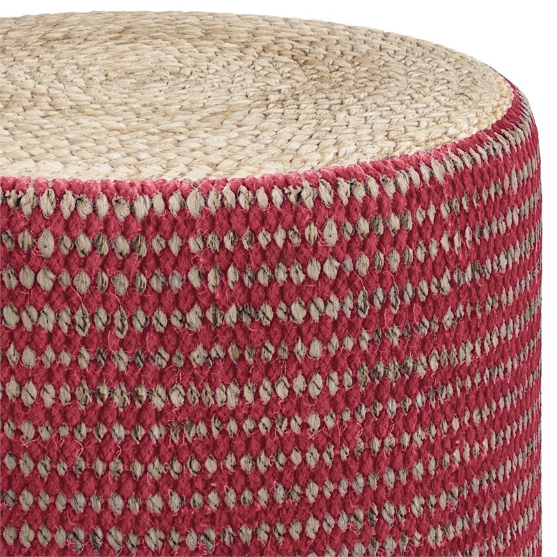 Simpli Home Larissa Boho Round Braided Pouf in Natural and Maroon Jute