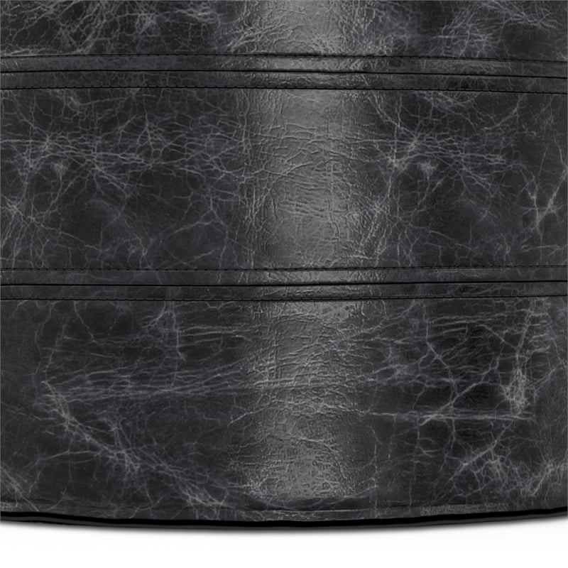 Simpli Home Connor Boho Round Pouf in Distressed Black Genuine Leather