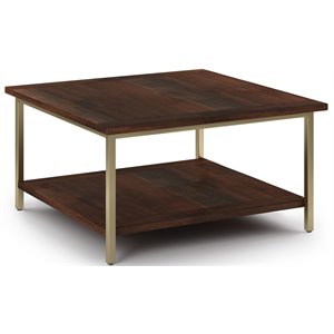 Simpli Home Skyler Mango Wood and Metal 34&quot Square Industrial Coffee Table in Dark Brown - Gold