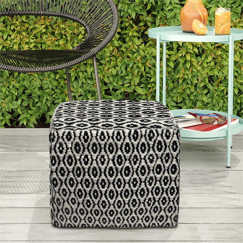 Simpli Home Kiana Boho Square Woven Pouf in Black and White