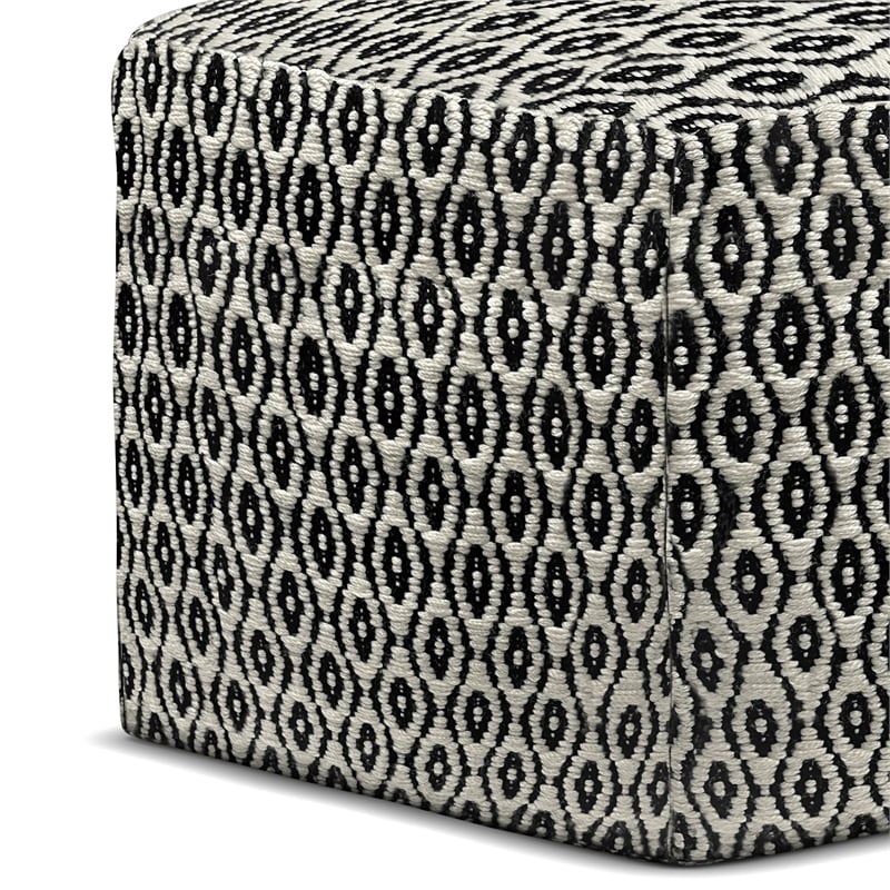 Simpli Home Kiana Boho Square Woven Pouf in Black and White