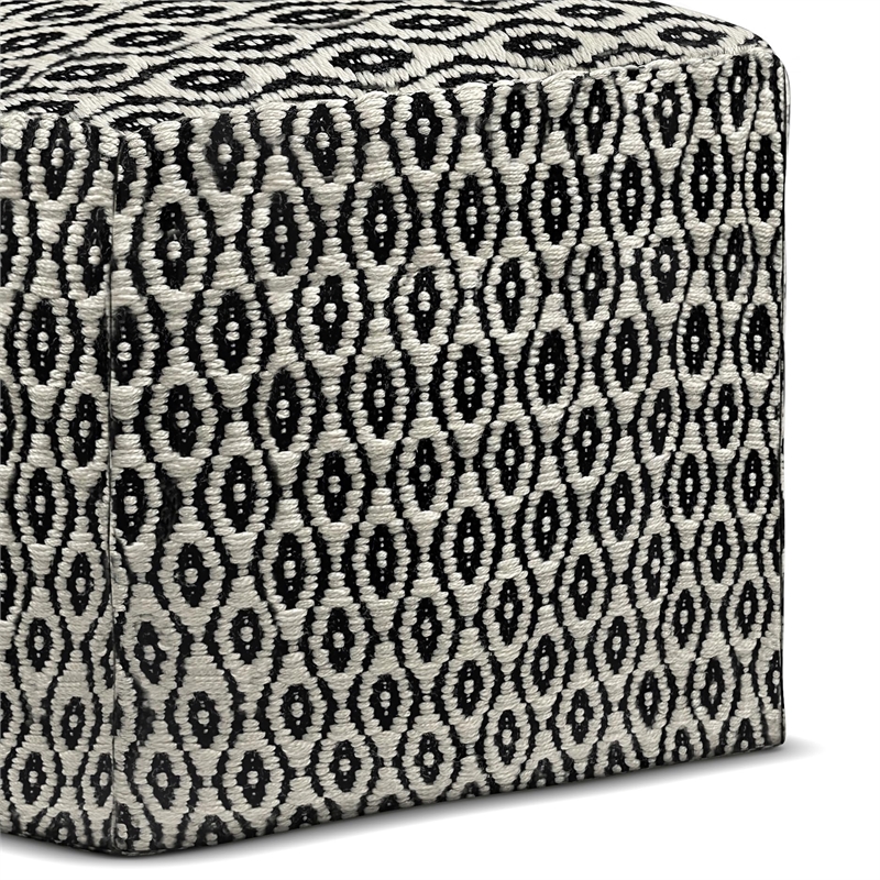 Simpli Home Kiana Boho Square Woven Pouf in Black and White