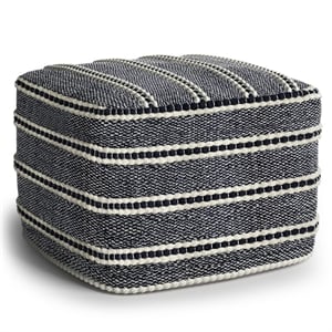 Simpli Home Corrie 18&quot Wide Boho Square Pouf in Navy & White Woven PET Polyester