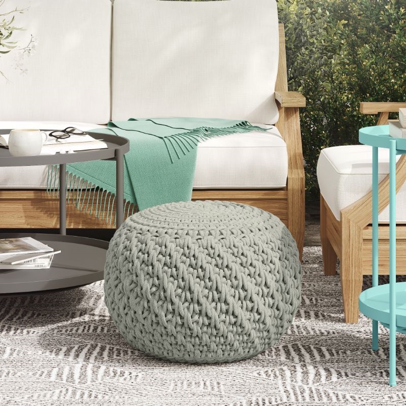 Simpli Home Nisi Boho Round Knitted Pouf in Light Gray Recycled PET Polyester