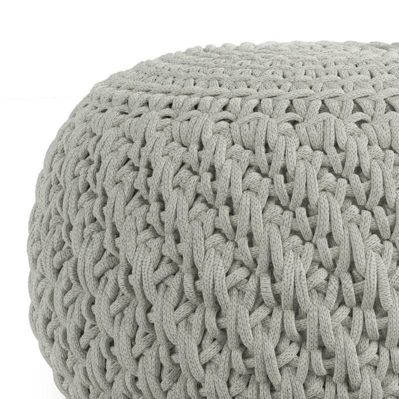 Simpli Home Nisi Boho Round Knitted Pouf in Light Gray Recycled PET Polyester