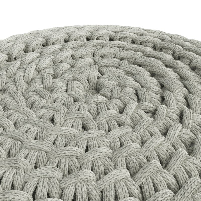 Simpli Home Nisi Boho Round Knitted Pouf in Light Gray Recycled PET Polyester