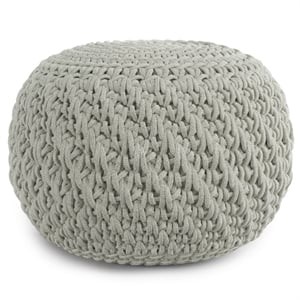Simpli Home Nisi Boho Round Knitted Pouf in Light Gray Recycled PET Polyester