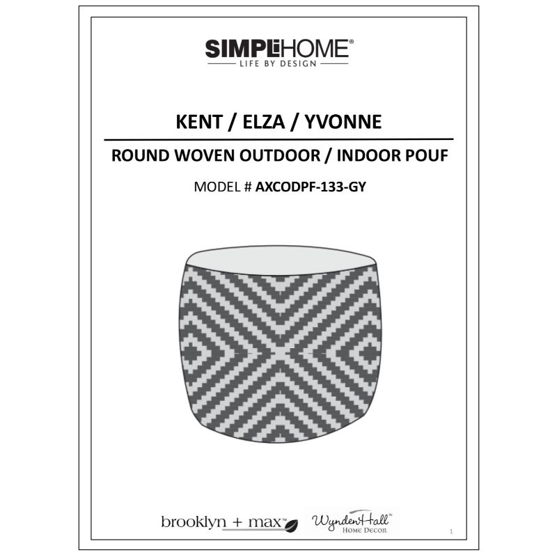 Simpli Home Kent Boho Round Woven Pouf in Gray and Yellow Recycled PET Polyester
