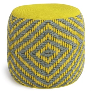 Simpli Home Kent Boho Round Woven Pouf in Gray and Yellow Recycled PET Polyester