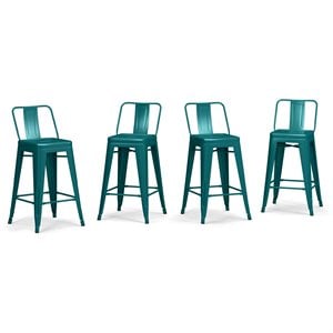 Simpli Home Rayne 24&quot Industrial Metal Counter Stool in Teal Blue (Set of 4)