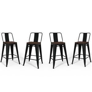 Simpli Home Rayne 24&quot Industrial Metal Wood Counter Stool in Black (Set of 4)