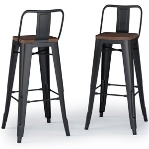 Simpli Home Rayne 30&quot Industrial Metal Wood Seat Bar Stool in Black (Set of 2)