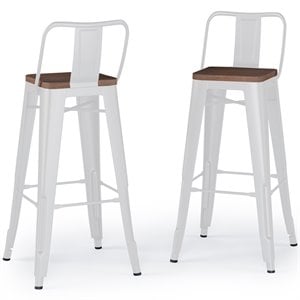 Simpli Home Rayne 30&quot Industrial Metal Wood Seat Bar Stool in White (Set of 2)