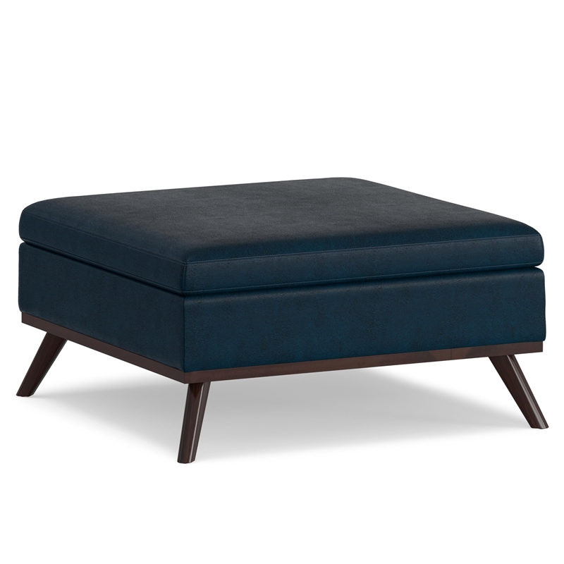 Owen 36 in.W Coffee Table Storage Ottoman in Distressed Dark Blue Faux Leather