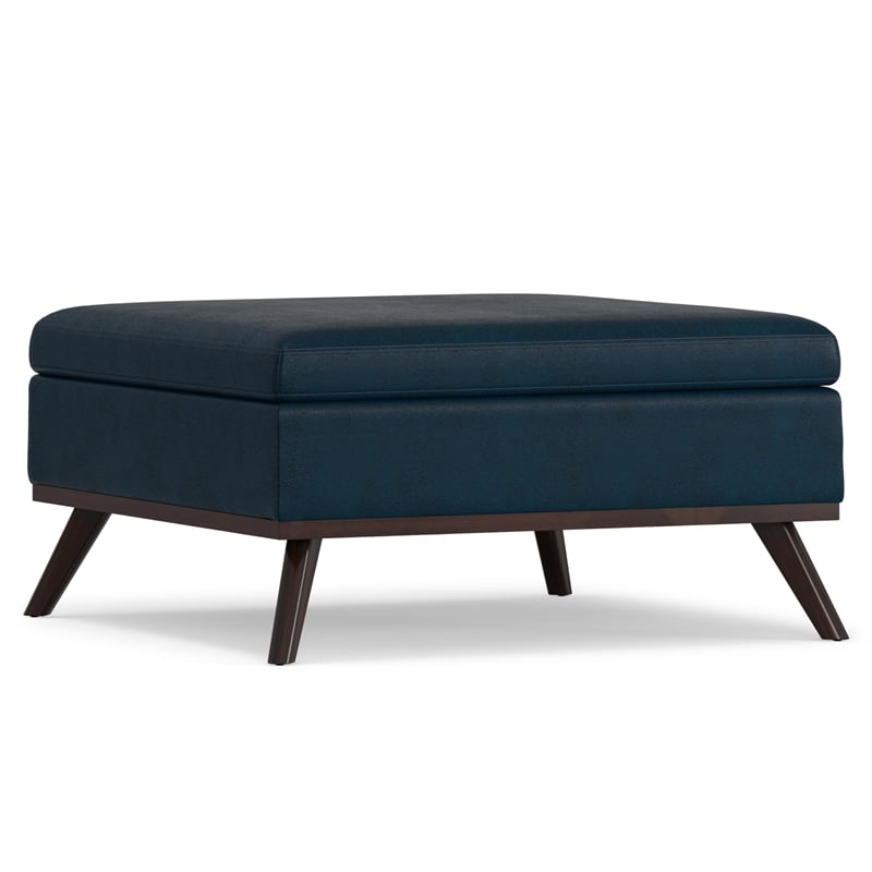 Owen 36 in.W Coffee Table Storage Ottoman in Distressed Dark Blue Faux Leather