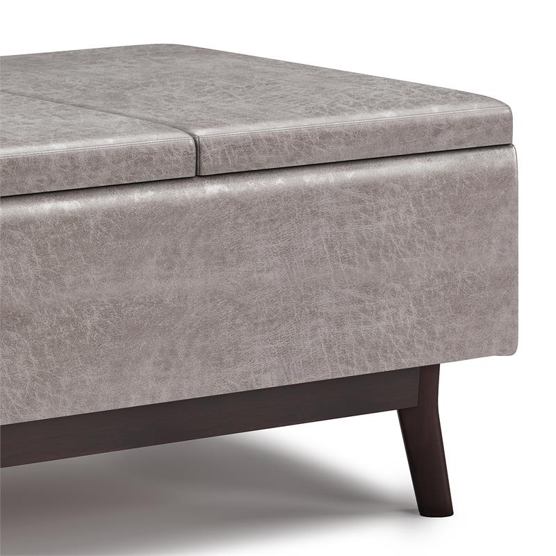 Owen 34 in.W Tray Top Table Storage Ottoman in Distressed Gray Faux Leather