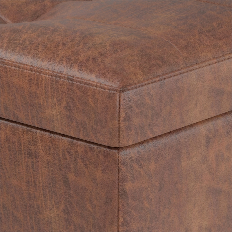 Shay 48 inch W.  Modern Storage Ottoman in Distressed Saddle Brown Faux Leather