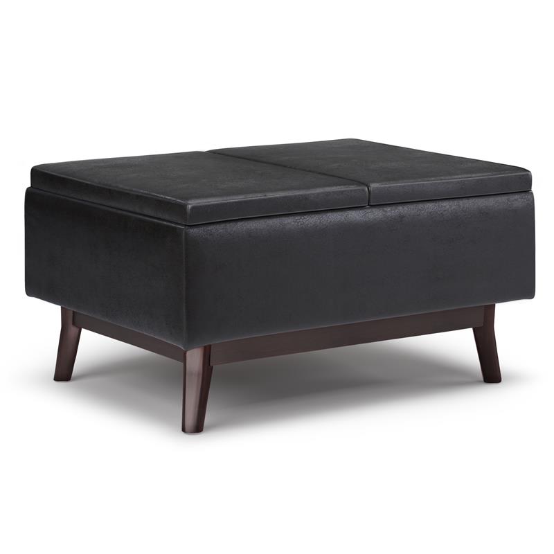 Owen 34 in. W Tray Top Coffee Table Ottoman in Distressed Black Faux Leather