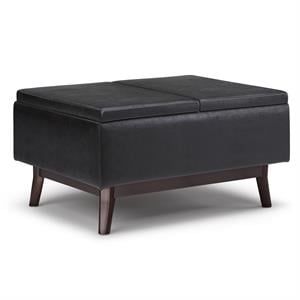 Owen 34 in. W Tray Top Coffee Table Ottoman in Distressed Black Faux Leather