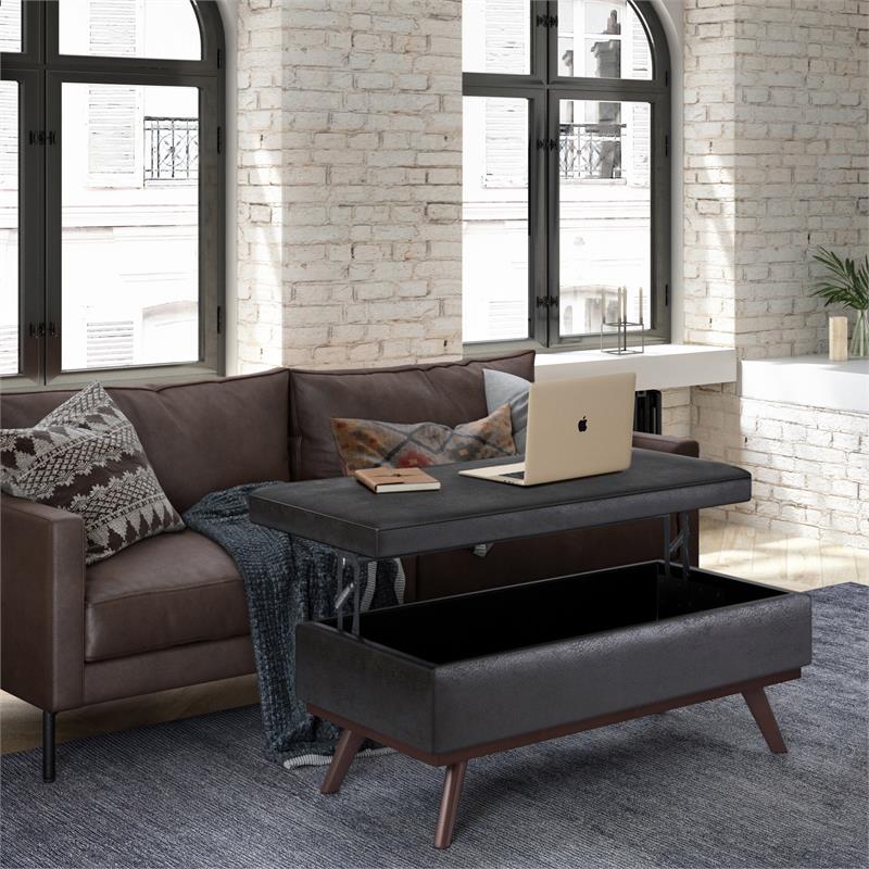 Owen 42 in.W LiftTop Large Coffee Table Ottoman in Distressed Black Faux Leather
