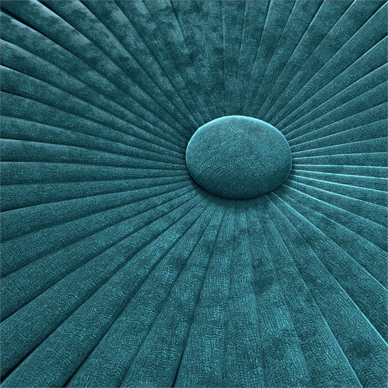 Grafton Transitional Round Pouf in Teal Green Velvet Fabric with Woven Details