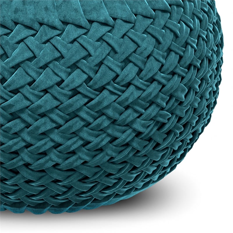 Grafton Transitional Round Pouf in Teal Green Velvet Fabric with Woven Details