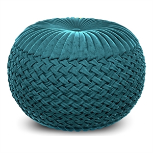 Grafton Transitional Round Pouf in Teal Green Velvet Fabric with Woven Details