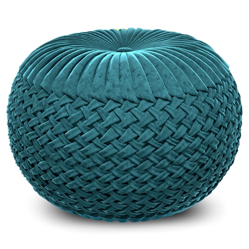 Grafton Transitional Round Pouf in Teal Green Velvet Fabric with Woven Details