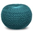 Grafton Transitional Round Pouf in Teal Green Velvet Fabric with Woven Details