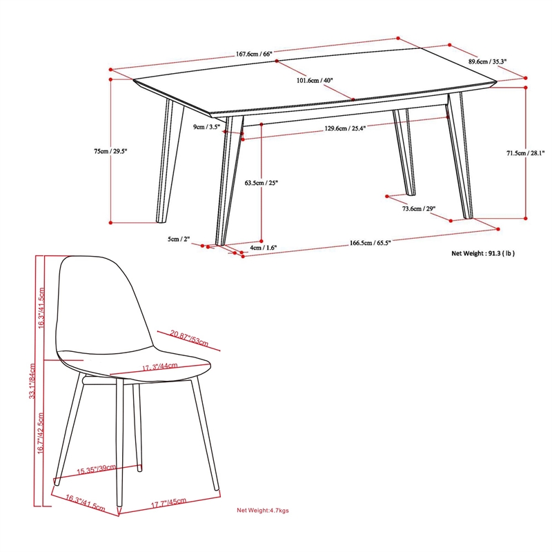 Alpine / Draper 7 Piece Dining Set in Rose  and 66 inch Wide Table