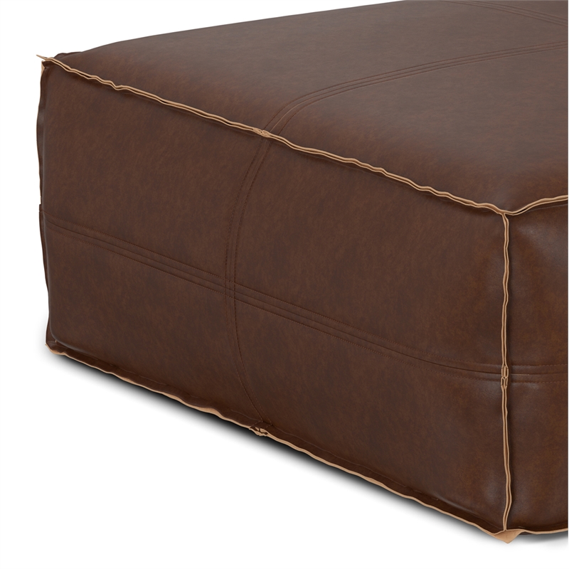 Brody Boho Square Pouf in Distressed Dark Brown Vegan Faux Leather