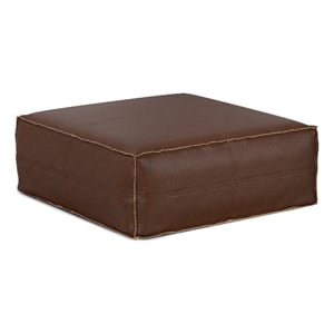 Brody Boho Square Pouf in Distressed Dark Brown Vegan Faux Leather