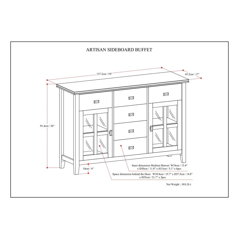 Artisan 60 inch Wide Solid Wood Transitional Sideboard Buffet in White