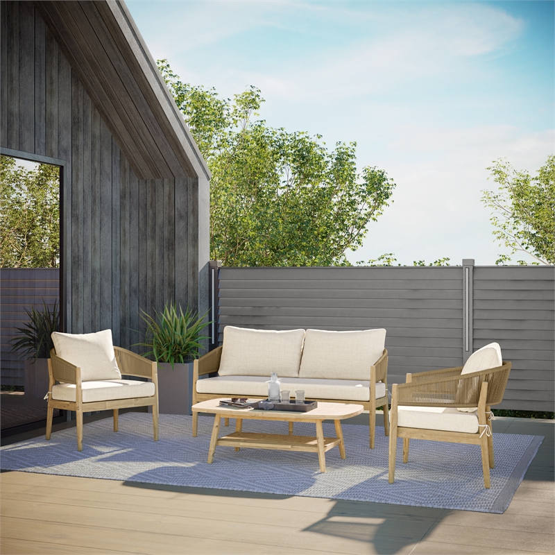 Bayshore Contemporary 4Pcs Outdoor Conversation Set in Natural Polyester Fabric