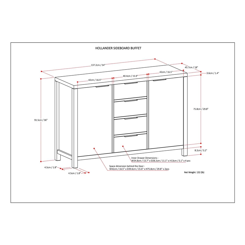 Hollander SOLID WOOD 54 inch Wide Contemporary Sideboard Buffet in White