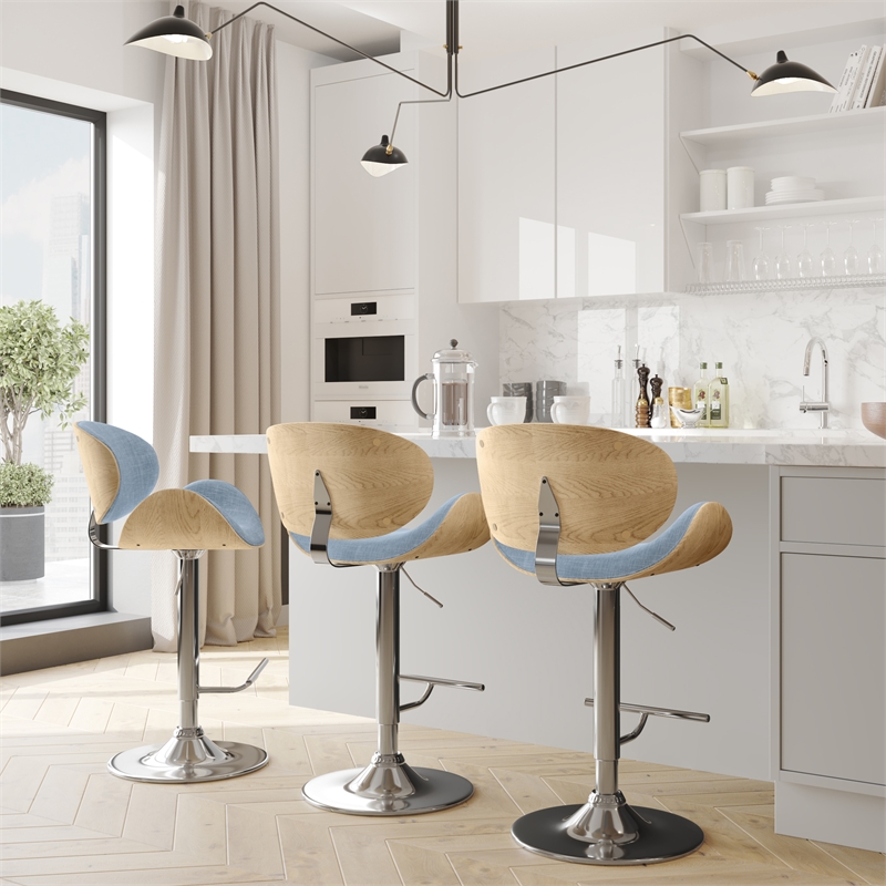 Marana Modern Bentwood Gas Lift Bar Stool with Light wood in Blue Polyester