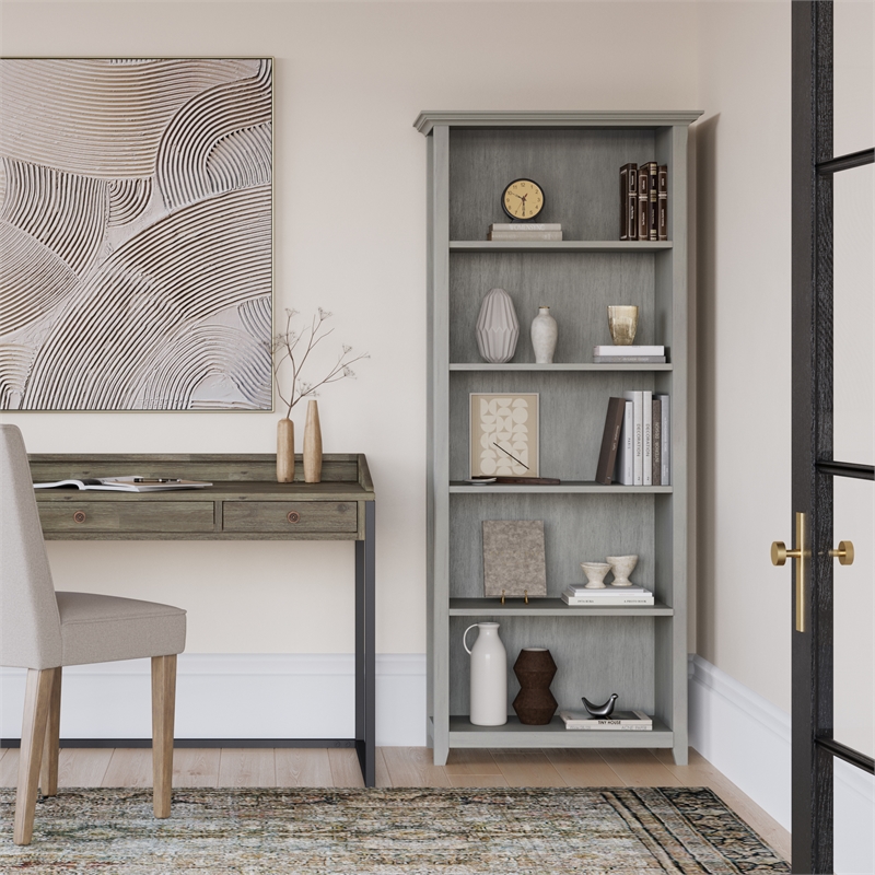 Amherst 30 inch Wide Solid Wood Transitional 5 Shelf Bookcase in Fog Gray