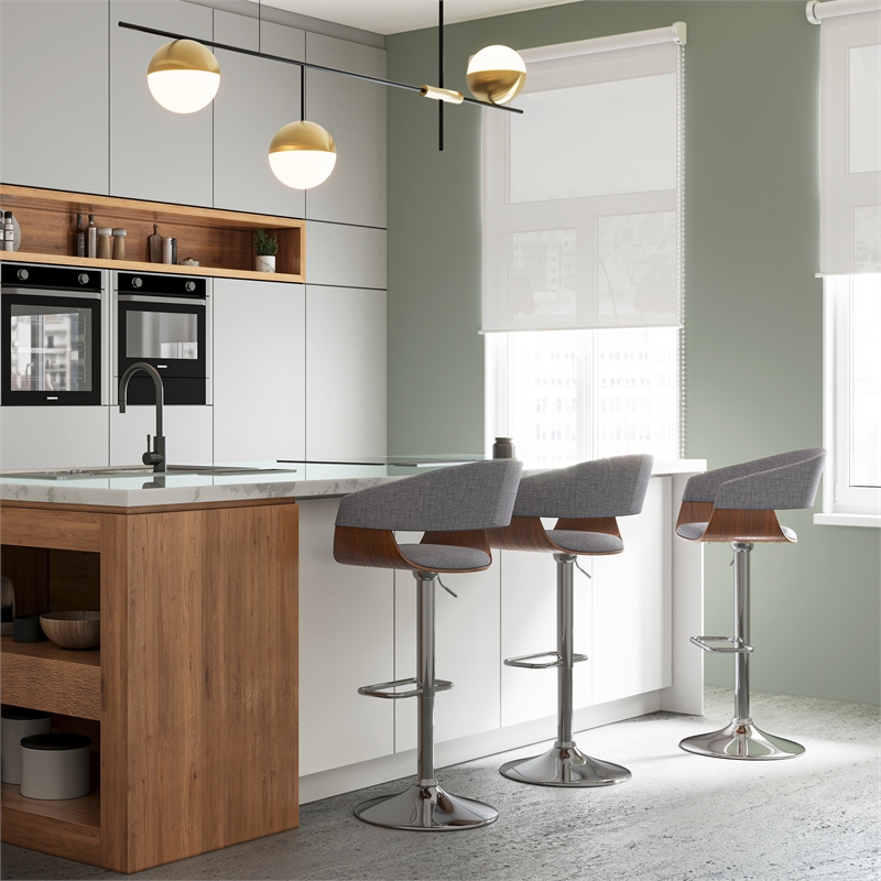Lowell Modern Adjustable Swivel Bar Stool in Light Gray Linen Look Fabric