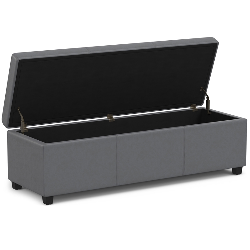 Simpli Home Avalon Contemporary Faux Leather Storage Ottoman Bench in Stone Gray