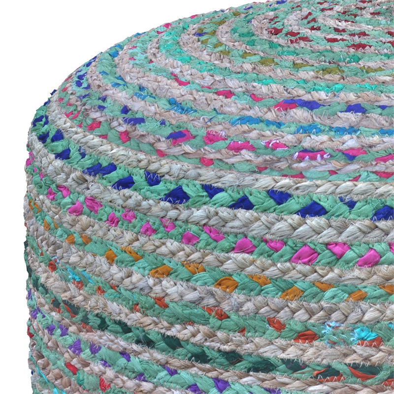 margo boho round pouf in green braided jute