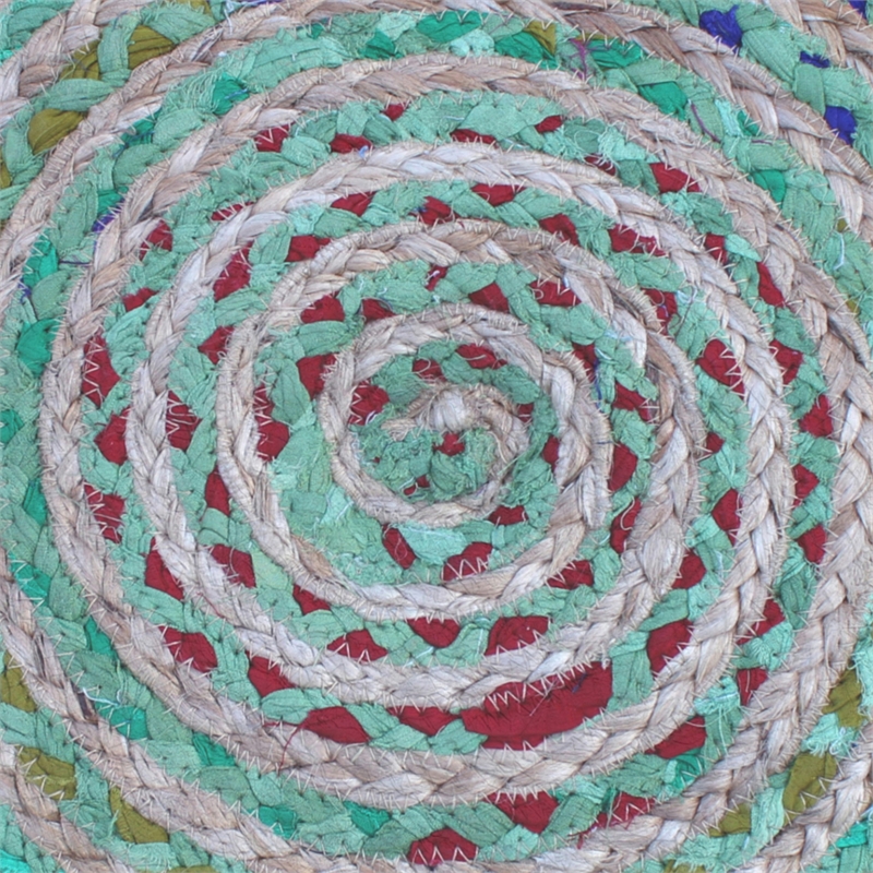 margo boho round pouf in green braided jute