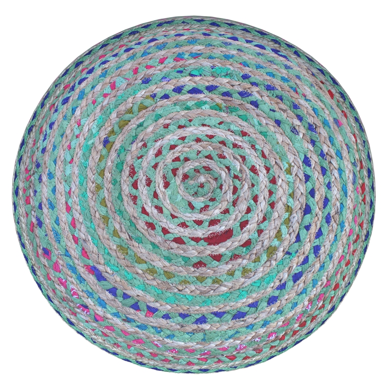 margo boho round pouf in green braided jute