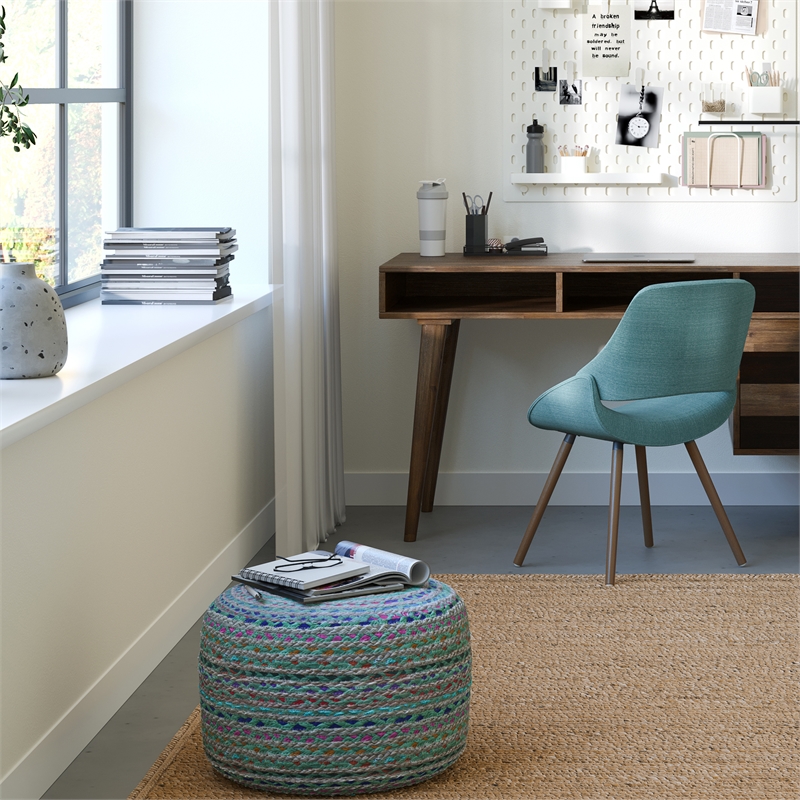 margo boho round pouf in green braided jute