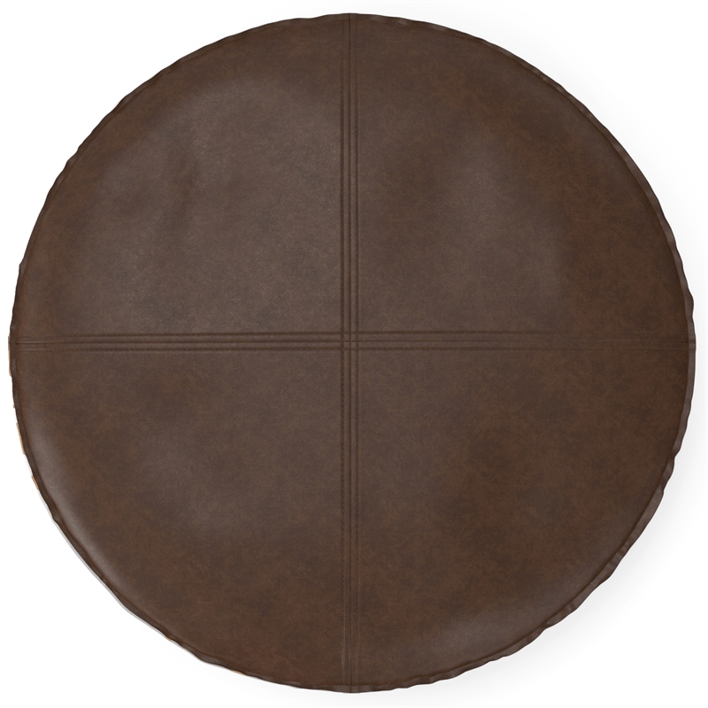 Brody Boho Round Pouf in Distressed Dark Brown Vegan Faux Leather