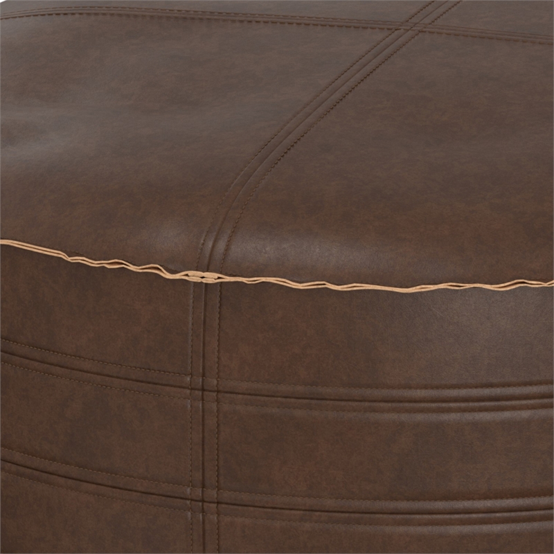 Brody Boho Round Pouf in Distressed Dark Brown Vegan Faux Leather