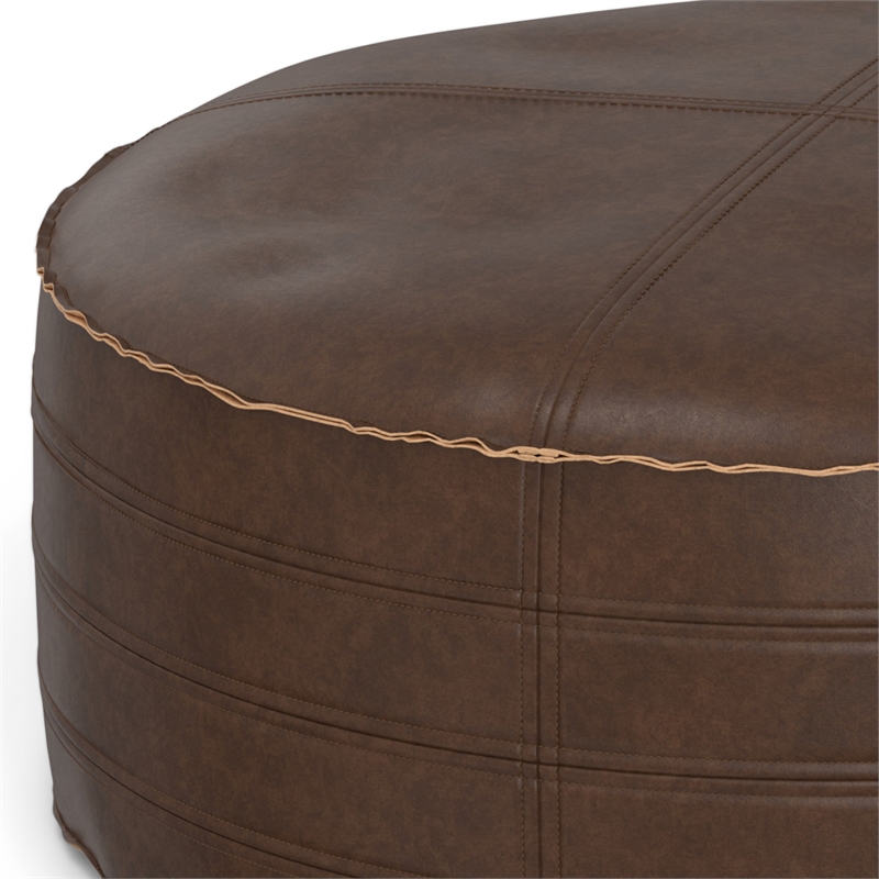 Brody Boho Round Pouf in Distressed Dark Brown Vegan Faux Leather